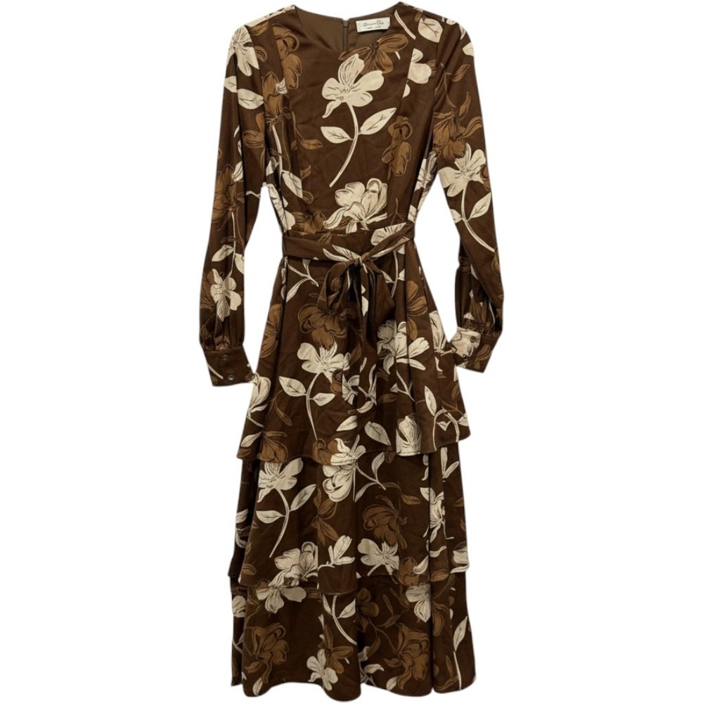 Doe and Rae Brown Floral Tiered Maxi Dress Long Sleeve Waist Tie Small
